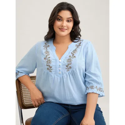 Bloomchic Women's Plus Size Cotton Floral Embroidered Notched Collar Frill Trim Blouse Lightblue Solid Casual  In Blue