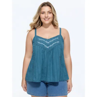 Bloomchic Women's Plus Size Cotton Floral Embroidered Pleated Lace Tank Top Mediumblue Casual A-line Sweethear