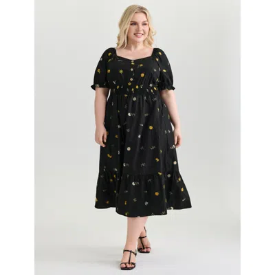 Bloomchic Women's Plus Size Cotton Floral Embroidered Pockets Shirred Waist Midi Dress Blackflower Ditsy Flora