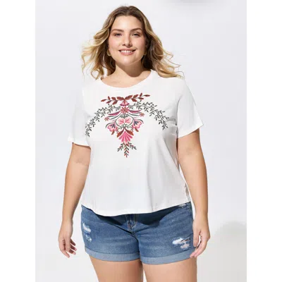 Bloomchic Women's Plus Size Cotton Floral Embroidered Round Neck T-shirt Opticwhite Solid Vacation Short Sleev In White