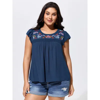 Bloomchic Women's Plus Size Cotton Floral Embroidered Shirred Flowy Blouse Indigo Solid Vacation Short Sleeve  In Purple