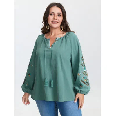 Bloomchic Women's Plus Size Cotton Floral Embroidered Sleeve Neckline Tie Blouse Cerulean Geometric Vacation L In Blue