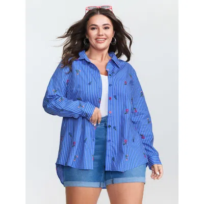 Bloomchic Women's Plus Size Cotton Floral Embroidered Striped Button-down Shirt Skyblue Casual Extra Long Slee In Blue