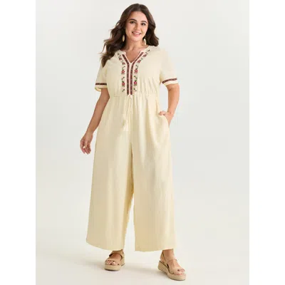 Bloomchic Women's Plus Size Cotton Floral Embroidered Tassel Waist Jumpsuit Ivory Vacation 12/l In White