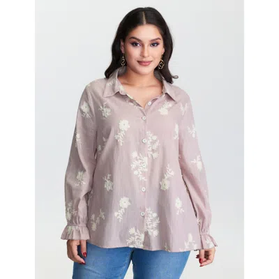 Bloomchic Women's Plus Size Cotton Floral Embroidery Button-down Blouse Dirtypink Solid Elegant Long Sleeve Co