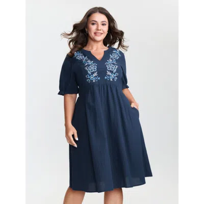 Bloomchic Women's Plus Size Cotton Floral Embroidery Notched Collar Mini Dress Midnight Else Mini Casual Ruche In Blue