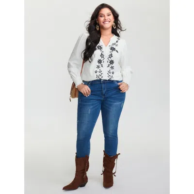Bloomchic Women's Plus Size Cotton Floral Embroidery Shirred Blouse Originalwhite Non Vacation Extra Long Slee