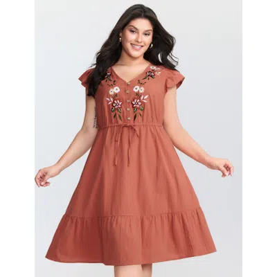 Bloomchic Women's Plus Size Cotton Floral Embroidery Tiered Mini Dress Coral Floral Knee Casual Tie Knot 12/l In Orange
