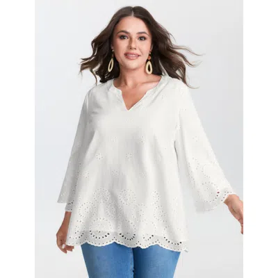 Bloomchic Women's Plus Size Cotton Floral Eyelet Trim Notched Collar Blouse Originalwhite Solid Vacation 3/4 S