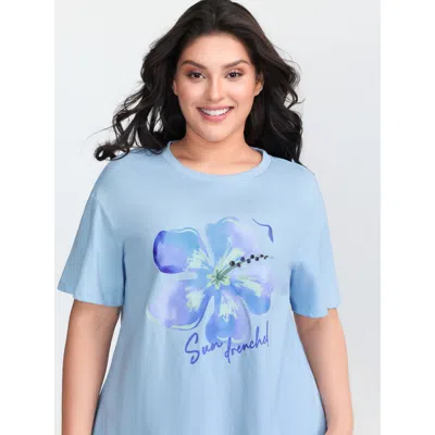Bloomchic Women's Plus Size Cotton Floral Motif Drop Shoulder T-shirt Lightblue Floral Casual Half Sleeve 12/l In Blue