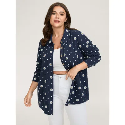 Bloomchic Women's Plus Size Cotton Floral Print Button-down Jacket Indigo Texture H-line 12/l In Purple