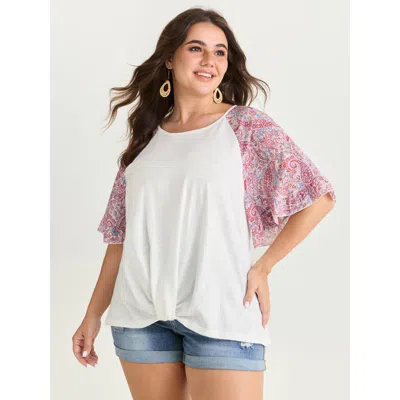 Bloomchic Women's Plus Size Cotton Floral Print Color Contrast Flared Sleeve T-shirt Whitesmoke Ethnic Floral 