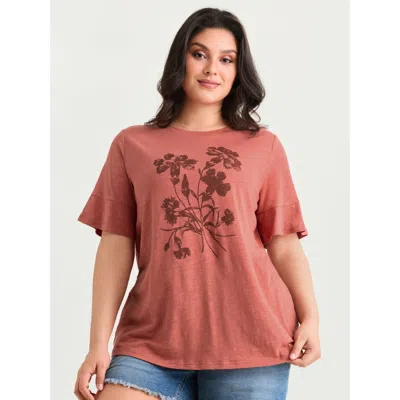 Bloomchic Women's Plus Size Cotton Floral Print Round Neck T-shirt Orangered Solid Casual Short Sleeve Round N