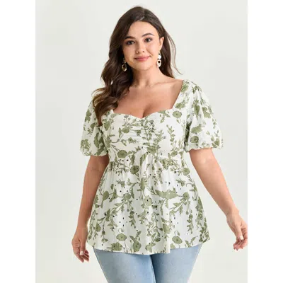 Bloomchic Women's Plus Size Cotton Floral Print Ruched Bubble Sleeve Blouse Sage Floral Elegant Short Sleeve S In Green