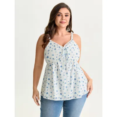 Bloomchic Women's Plus Size Cotton Floral Print Ruched Drawstring Neckline Tank Top Originalwhite Elegant Fitt