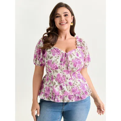Bloomchic Women's Plus Size Cotton Floral Print Shirred Adjustable Bust Blouse Redviolet Ditsy Floral Elegant 