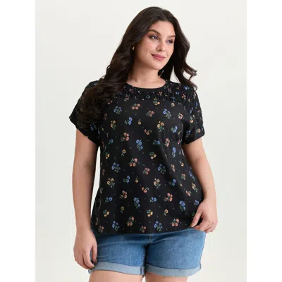 Bloomchic Women's Plus Size Cotton Floral Print Shirred Half-sleeve T-shirt Pureblack Ditsy Floral Casual Shor
