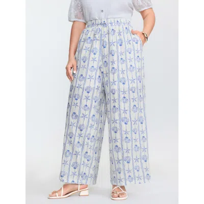 Bloomchic Women's Plus Size Cotton Floral Print Straight-leg Pants Originalwhite Marine Elements Straight Fit 