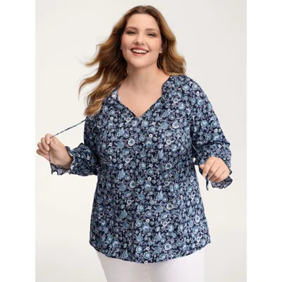 Bloomchic Women's Plus Size Cotton Floral Print Toothpick Pleats Blouse Midnight Floral Casual Extra Long Slee In Blue