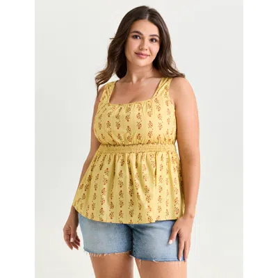 Bloomchic Women's Plus Size Cotton Floral Striped Print Fit And Flare Tank Top Lightyellow Casual A-line U-nec