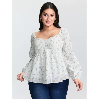 Bloomchic Women's Plus Size Cotton Floral Sweetheart Neckline Ruched Blouse Whitesmoke Ditsy Floral Elegant Lo