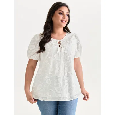 Bloomchic Women's Plus Size Cotton Floral Textured Puff Sleeve Lined Blouse Originalwhite Solid Elegant Short 