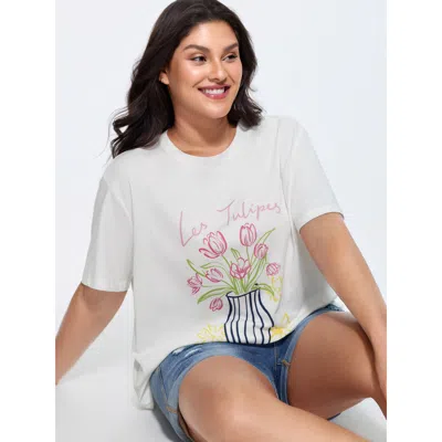 Bloomchic Women's Plus Size Cotton Floral Vase Print T-shirt Whitesmoke Solid Casual Short Sleeve Round Neck 1