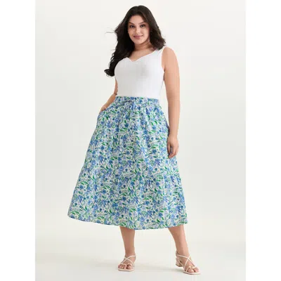 Bloomchic Women's Plus Size Cotton Floral Whispers Drawstring Tiered Maxi Skirt Indigo Tiered Wide Leg Casual  In Purple