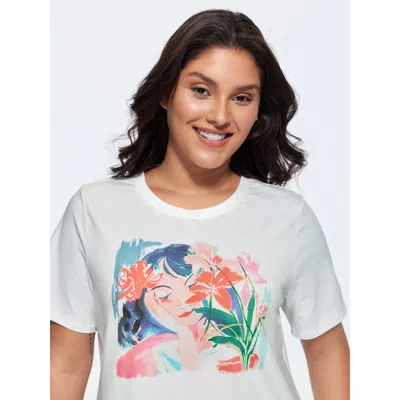 Bloomchic Women's Plus Size Cotton Flower Girl Print Crew Neck T-shirt Originalwhite Solid Casual Short Sleeve