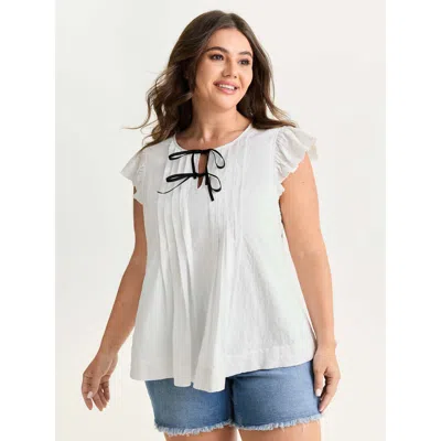 Bloomchic Women's Plus Size Cotton Flutter Sleeve Pleated Contrast Bows Blouse Whitesmoke Solid Casual Cap Sle