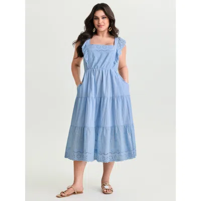Bloomchic Women's Plus Size Cotton Flutter Sleeve Tiered Plain Midi Dress Lightblue Vacation 12/l In Blue