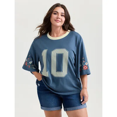 Bloomchic Women's Plus Size Cotton Football Pattern Colorful Drop-shoulder T-shirt Mediumblue Letter Casual Ha