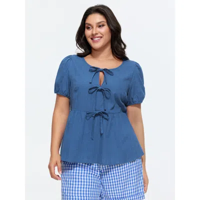Bloomchic Women's Plus Size Cotton Front-tie Puff Sleeve Blouse Mediumblue Solid Casual Short Sleeve Round Nec