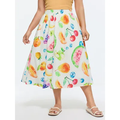 Bloomchic Women's Plus Size Cotton Fruit Print Shirred Waist Maxi Skirt Originalwhite Smocked Non Casual 12/l