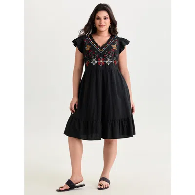 Bloomchic Women's Plus Size Cotton Geometric Embroidered V-neck Lace Mini Dress Black Ethnic Floral Midi Vacat