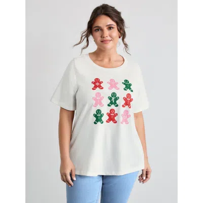 Bloomchic Women's Plus Size Cotton Gingerbread Man Colorful Print T-shirt Ivory Figurative Print Casual Short  In White