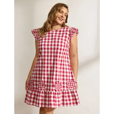Bloomchic Women's Plus Size Cotton Gingham Embroidered Ruffled Hem Knee Dress Brightred Plaid Mini Casual Ruch