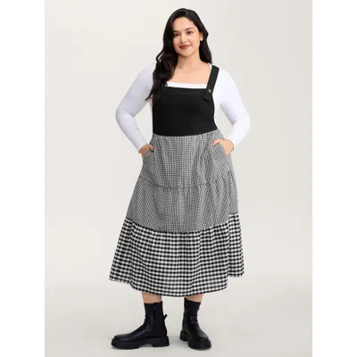 Bloomchic Women's Plus Size Cotton Gingham Patchwork Overall Strap Midi Dress Black Plaid Maxi Casual Colorblo