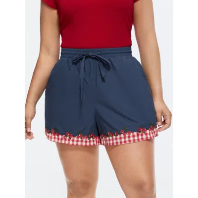 Bloomchic Women's Plus Size Cotton Gingham Print Contrast Hem Shorts Mediumblue Casual Skort Colorblock Shorts