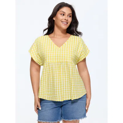 Bloomchic Women's Plus Size Cotton Gingham Print V-neck Blouse Lightyellow Plaid Casual Short Sleeve V-neck 10