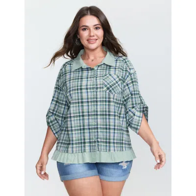 Bloomchic Women's Plus Size Cotton Grid Pattern Contrast Button-down Blouse Darkgreen Plaid Casual Long Sleeve In Green