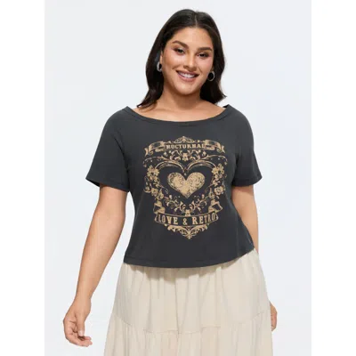 Bloomchic Women's Plus Size Cotton Heart Print Boat Neckline T-shirt Dimgray Heart Elegant Short Sleeve Off-sh