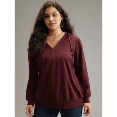 Bloomchic Women's Plus Size Cotton Hooded Drawstring Sweatshirt Burgundy Plain Dailywear 10/m