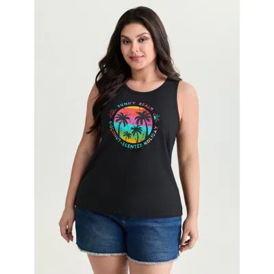 Bloomchic Women's Plus Size Cotton Island Energy Colorful Motif Tank Top Black Casual Fitted H-line 10/m