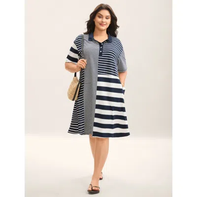 Bloomchic Women's Plus Size Cotton Knit Stripe Print Mini Dress Navy Stripes Midi Vacation Colorblock 12/l In Blue