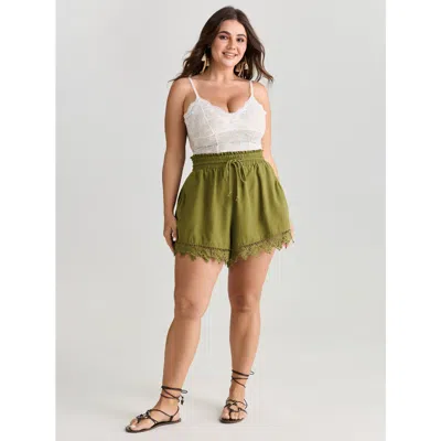 Bloomchic Women's Plus Size Cotton Lace Hem Drawstring Shorts Olive Vacation Wide Leg Lace Trim Shorts 30/6x In Green