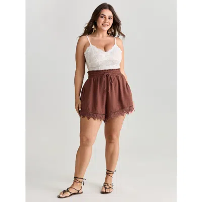 Bloomchic Women's Plus Size Cotton Lace Hem Drawstring Shorts Yellowishbrown Vacation Wide Leg Lace Trim Short