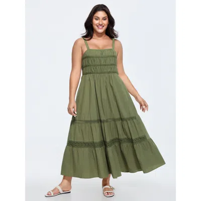 Bloomchic Women's Plus Size Cotton Lace Shirred Back Tiered Maxi Dress Moss Solid Maxi Casual Lace Trim 10/m In Green