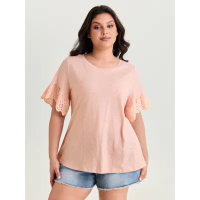 Bloomchic Women's Plus Size Cotton Lace Sleeve Relaxed-fit T-shirt Nudepink Solid Casual Short Sleeve Round Ne