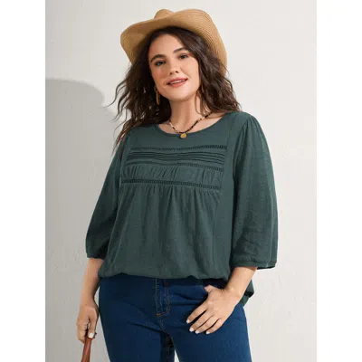Bloomchic Women's Plus Size Cotton Lace Spliced Plain Knit Top Cyan 3/4 Sleeve Vacation 12/l In Blue